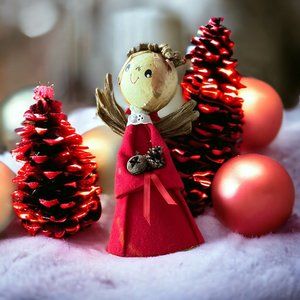 Vintage Cone Angel Felt & Cardboard Christmas Tree Topper Decor 10” RED DRESS